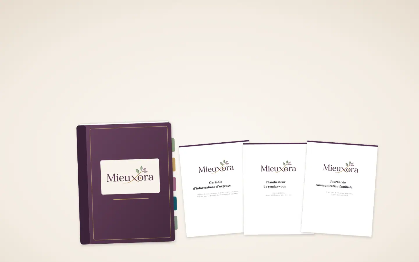 Des pages de cartable éparpillées se rassemblent en un cartable Mieuxora, entouré des outils de la collection Soins.